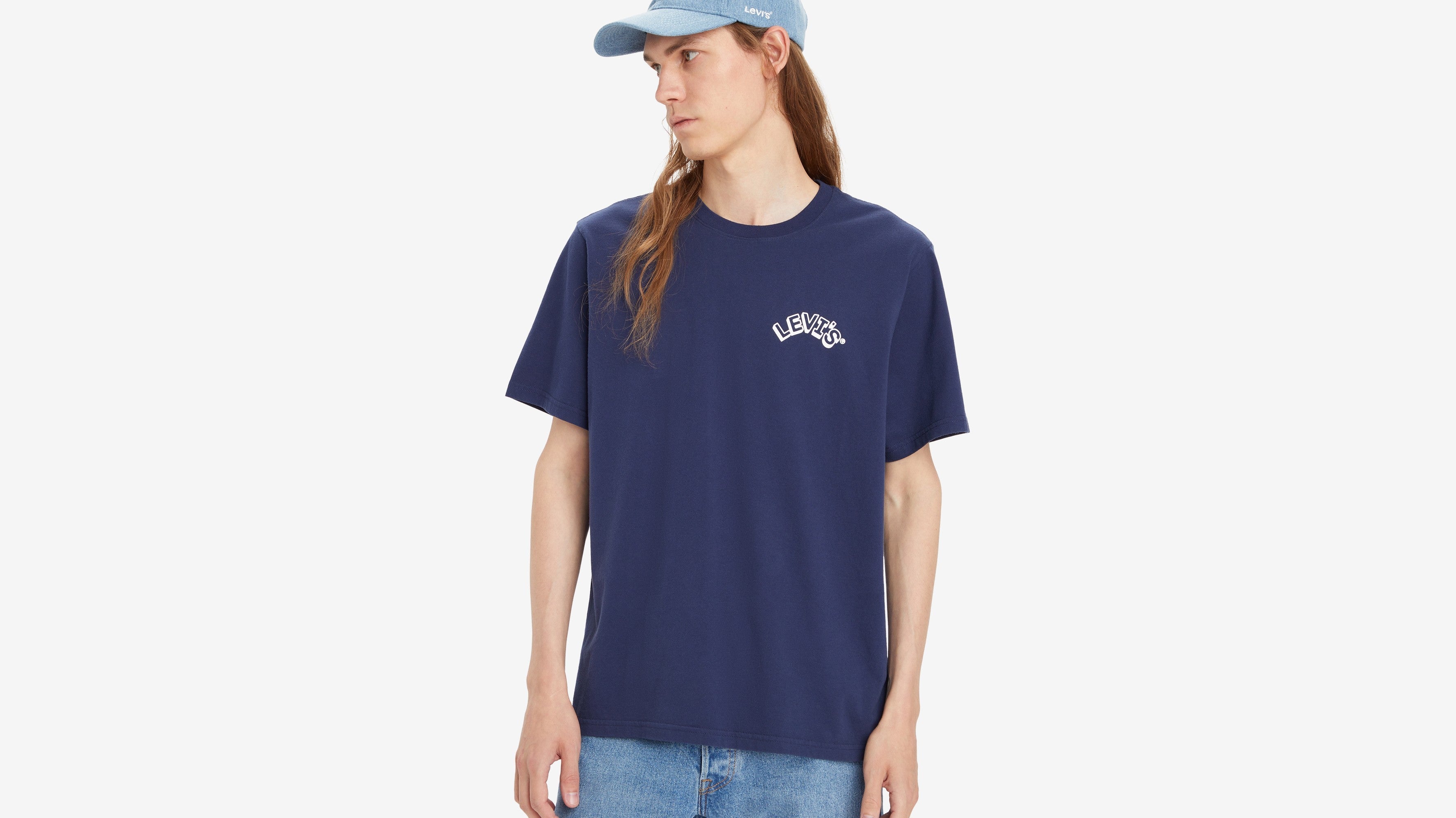 navy and white graphic tee