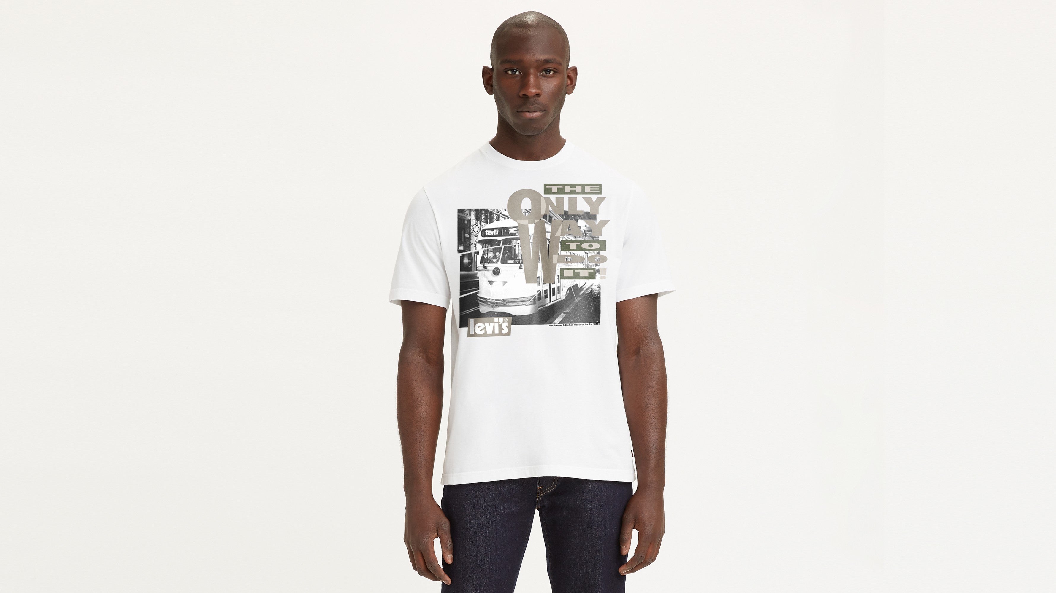 white blue and black graphic tee