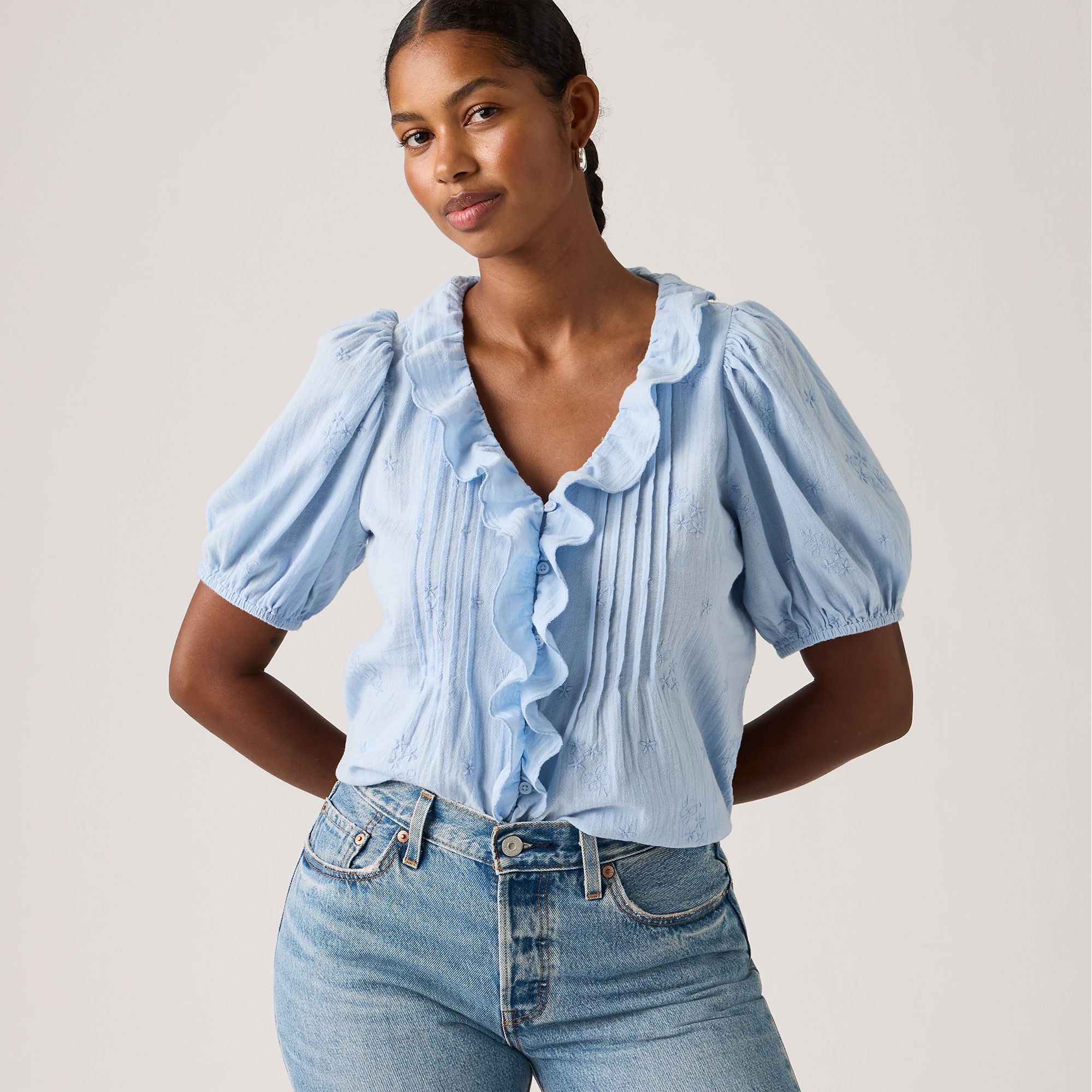 最後価格！mikiosakabe Ruffled Blouse AW25受注】Grand Shoulder Blouse Ribbon Embroidery Without